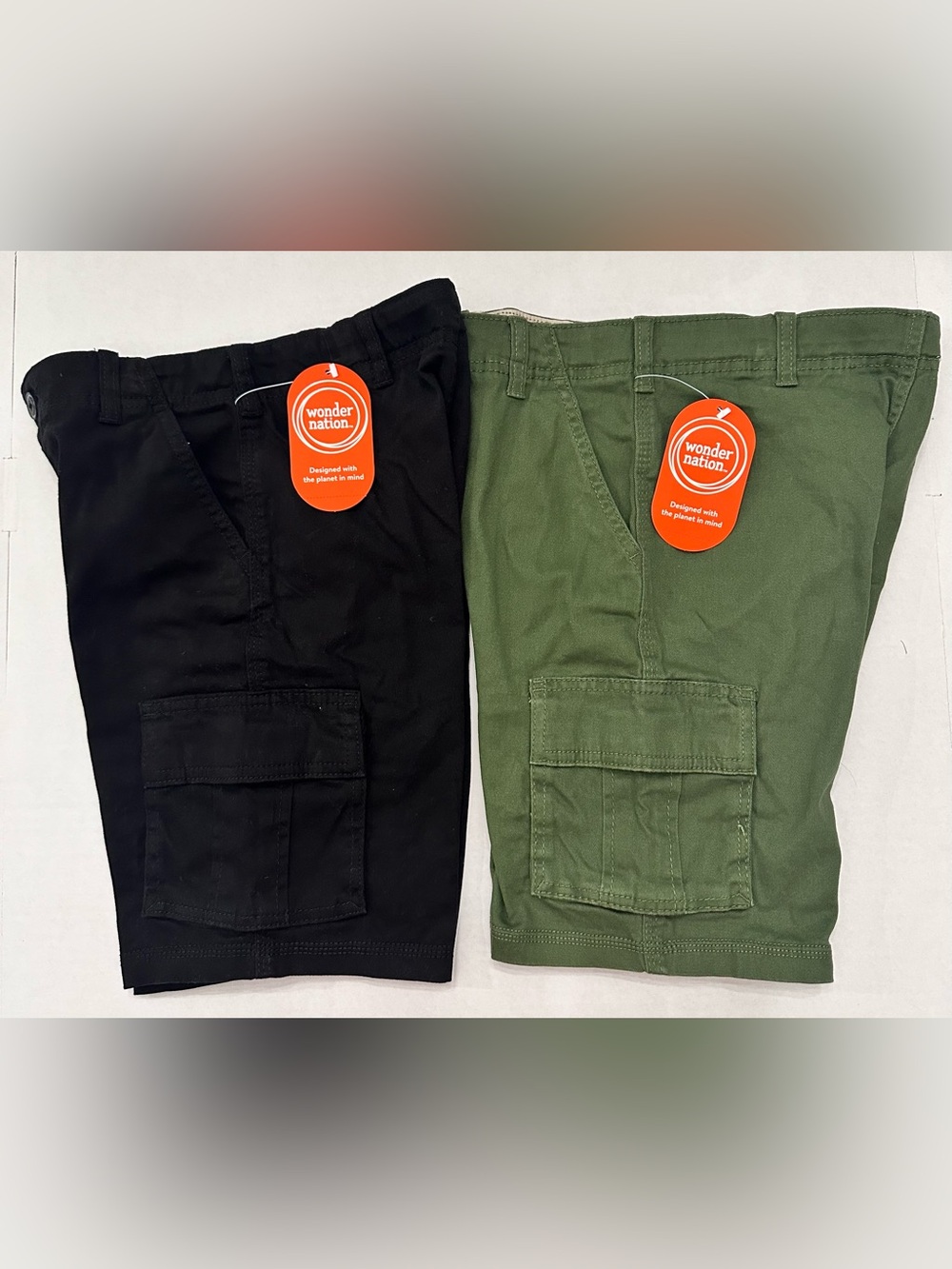 2 Pairs of Wonder Nation Boys Twill Cargo Shorts, 1 Green & 1 Khaki - Size 8 NWT